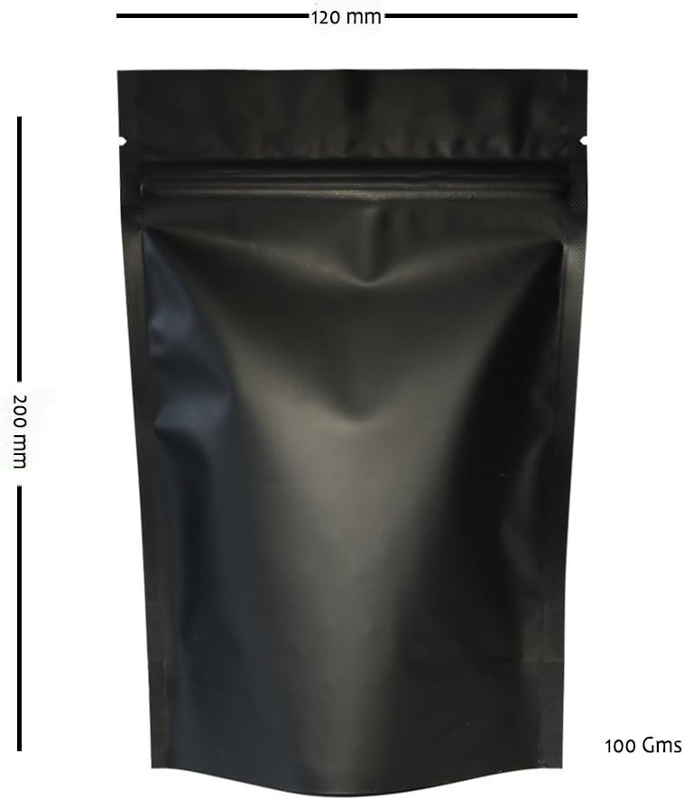 Santmira - Pack of 10 (120 x 200 mm), 4 Ounce - Stand Up Zipper Pouch Matte Black - Resealable Zip Lock Bags with Tear Notch, Smell Proof Food Grade Storage Pouch with Aluminum Foil, Moisture Proof.