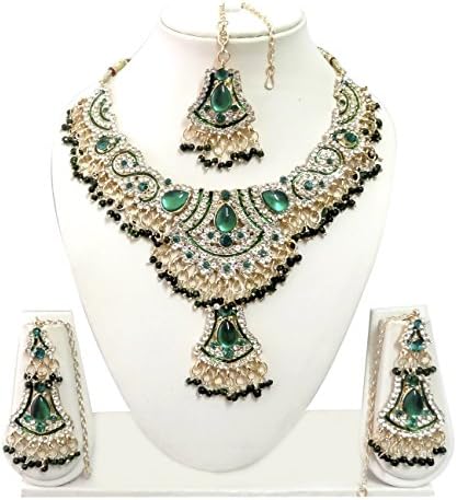 Indian Bollywood Jewelry Set Ethnic Gold plated Necklace set with Earrings and Maang Tikka JS8094 Green