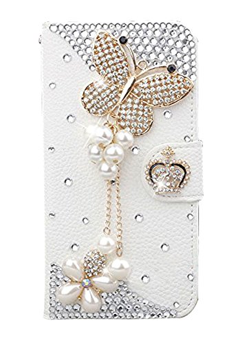 Leegoal White Luxury 3D Fashion Handmade Bling Diamond PU Flip Leather Case Cover for Apple iPhone 6 Plus , Butterfly