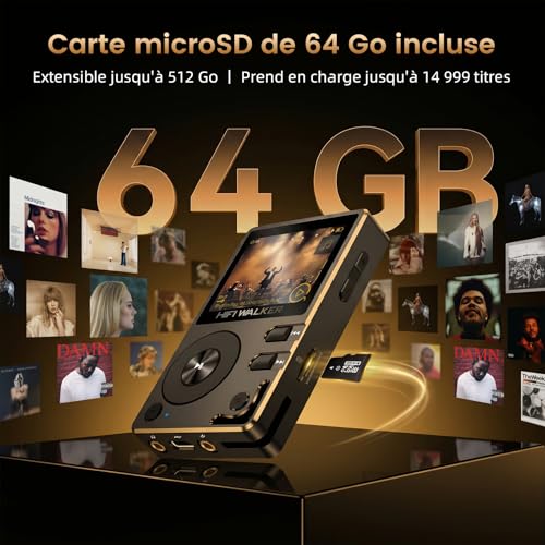 HIFI WALKER H2 Bluetooth Hi-Res MP3 Player, 64GB Audiophile HiFi MP3 Player, ESS DSD FLAC, Portable Audio Player, Zinc Case, USB DAC, Line Out, Expandable up to 512GB