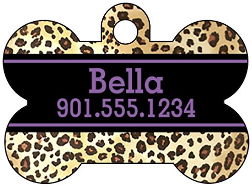 Animal Print Dog Tag Pet Id Tag Personalized w/ Name & Number Leopard Print Dog Bone (Purple)
