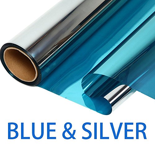 Window Film One Way Mirror Film Privacy Static Non-Adhesive Decorative Heat Control Anti UV Window Tint for Home and Office, Blue Silver 6mil, 23.6” x 78.7”