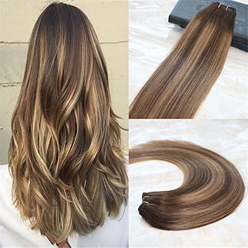 HairDancing 18" Hair Extensions Human Hair Full Head Double Wefted Real Human Hair Color #4 Brown Ombre #27 Caramel Blonde Mixed #4 Brown Sew in Weft Hair
