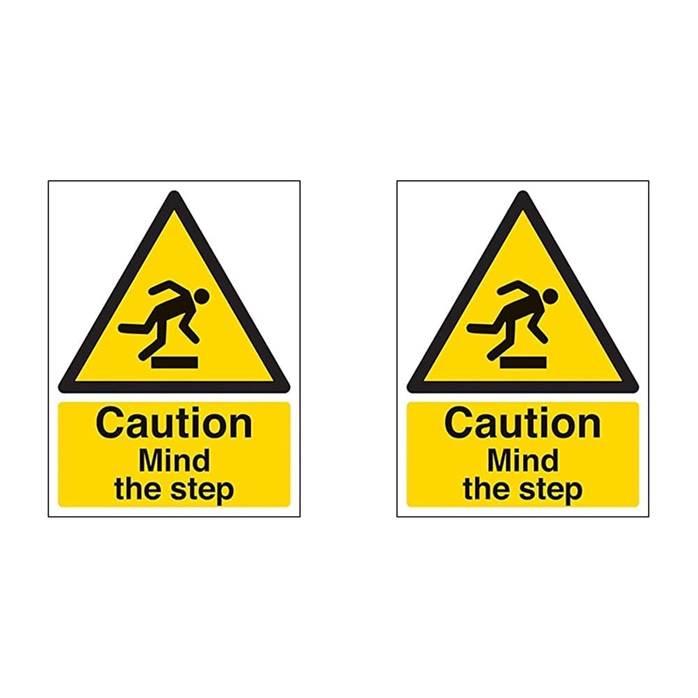 VSafety Caution Mind The Step Sign - Portrait - 150mm x 200mm - 2mm Rigid Plastic (Pack of 2)