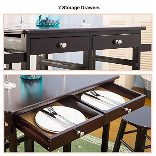 Breakfast Cart With 2 Stools,JULYFOX Drop Leaf Kitchen Island With Seating Chairs Wheels Storage Drawers Tower Rack Counter Height Tall Pub Bar Table Set 3 Piece Espresso For Small Spaces