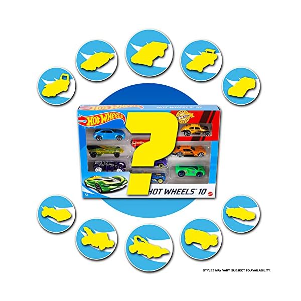 Hot Wheels Set of 10 1:64 Scale Toy Trucks and Cars for Kids and Collectors, Styles May Vary, 54886