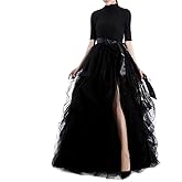 Qmker Women's Long Tutu Tulle Skirt A Line Floor Length Black Special Occasion Night Out fold Skirt
