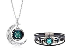 Dcfywl731 Zodiac Necklace Bracelet Set for Men Gifts 12 Constellation Necklace Bracelet Weave Multilayer Leather Bracelet and Moon Pendant Necklace Christmas Jewelry Set for Women Girls Christmas Gifts