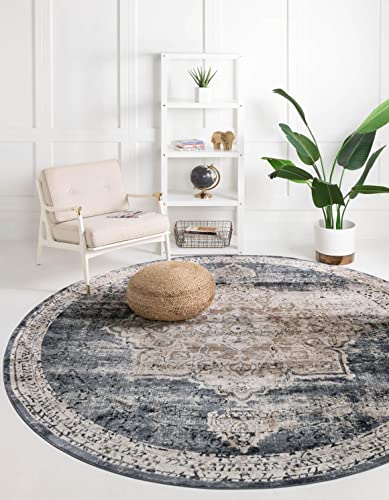 Unique Loom Chateau Collection Area Rug - Roosevelt (7' Round, Dark Blue/ Beige)