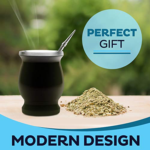Yerba Mate Natural Gourd/Tea Cup Set of 2 (Original Traditional Mate Cup - 8 Ounces) | Includes Bombilla (Yerba Mate Straw) & Cleaning Brush | Black Stainless Steel | Double-Walled | Easy to Clean - Thumbnail 2