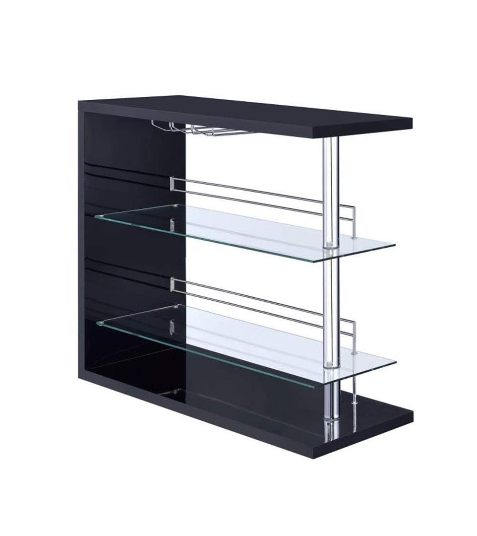 Rectangular 2-shelf Bar Unit with Wine Holder Glossy Black, Chrome and Clear