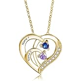 Jeweidea Personalized Sterling Silver Heart Necklace with Simulated Birthstones Custom Name Mother Daughter Promise Pendant for Women Mom Her