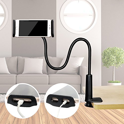 Eschone Cell Phone Stand Holder, Gooseneck Flexible Clip Lazy Arm Bracket for Tablet ipad/ iPhone 7/6/6s Plus Samsung Note Galaxy S6/S7 Mount for Desktop Bedroom, Office, Bathroom, Kitchen (Black)