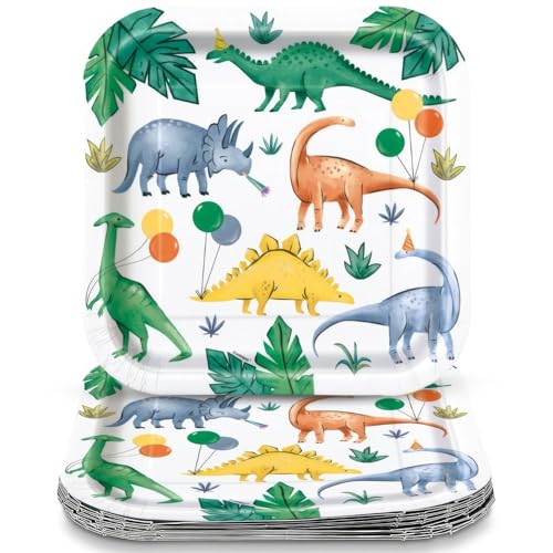 Unique Multicolor Dinosaurs Square Paper Dinner Plates - 9" (Pack of 8) - Playf…