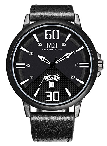 Menton Ezil Mens Unique Analog Quartz Waterproof Watches Day and Date for Business Fashion Sports Wristwatch with Black Genuine Leather Band