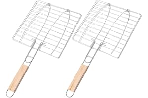 DECOMELODY 2Pcs Fish Grill Basket with Wooden Handle, Barbecue Meat Rack and Vegetable Grill Rack for Outdoor