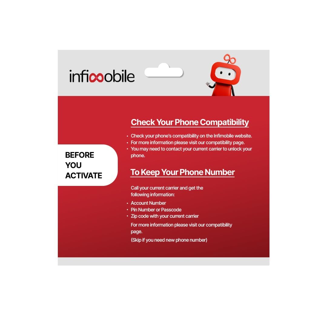 $15/Month | Infimobile Prepaid Plan: 1 Months| 5GB High-Speed Data Per Month | 2500 Minutes and 2500 Text| Prepaid Plan Service SIM Card | Nationwide Coverage | 4G, 5G T-Network