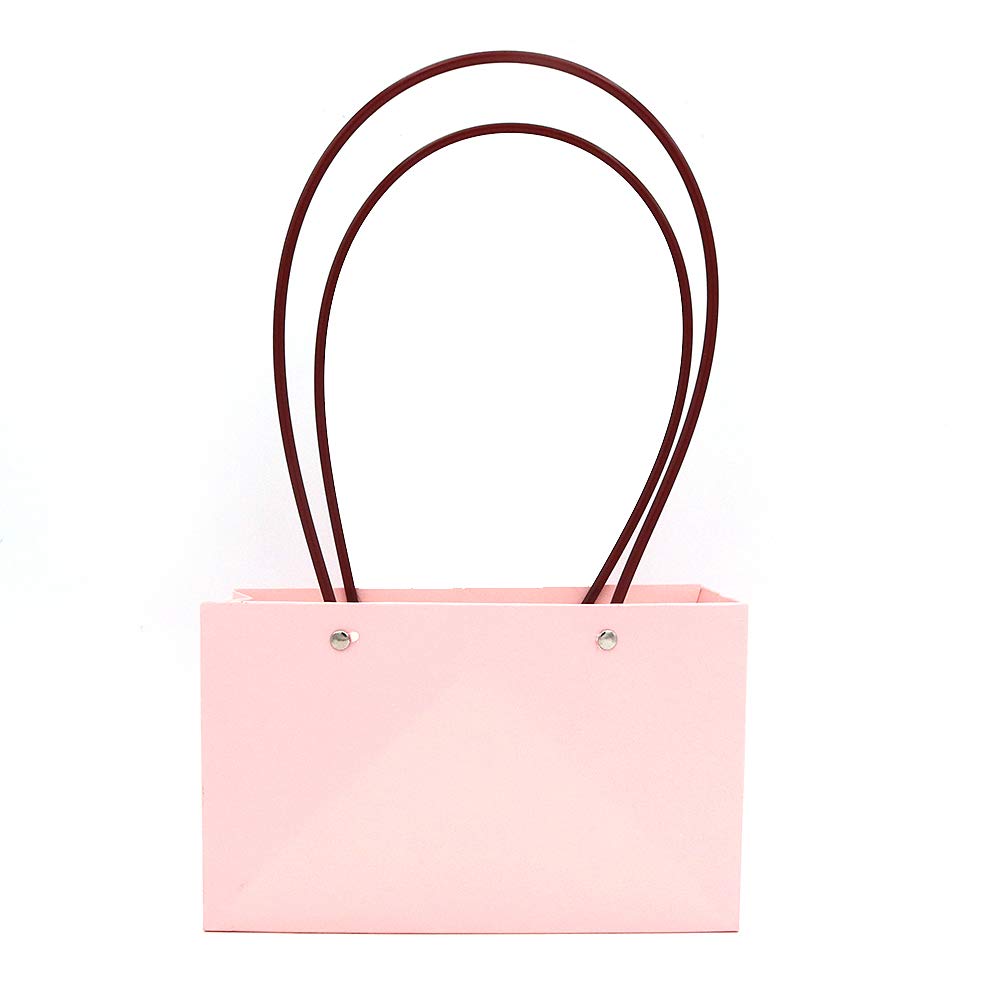 Shiwaki 5pcs Kraft Paper Flower Gift Bags Box Waterproof Brown Paper Carrier with Handle Tote for Birthday Wedding Party Favors - Pink