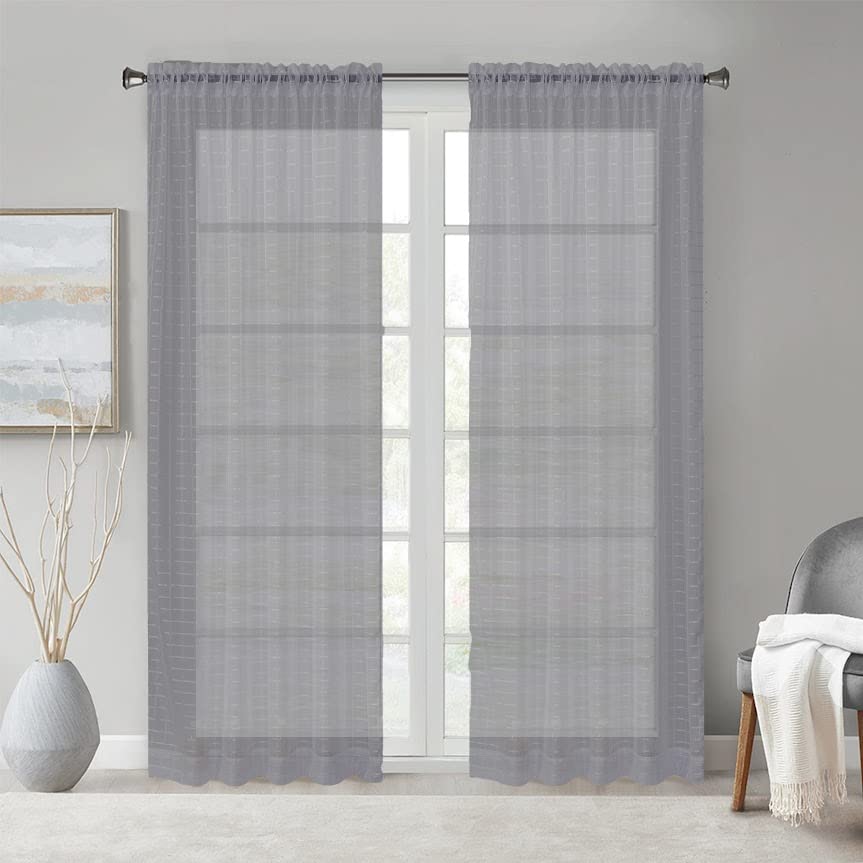 Megachest a pair of sheer IVY checkered pattern voile curtain with tie backs (Dark Silver,W 56" x L 63" (2 Panels))