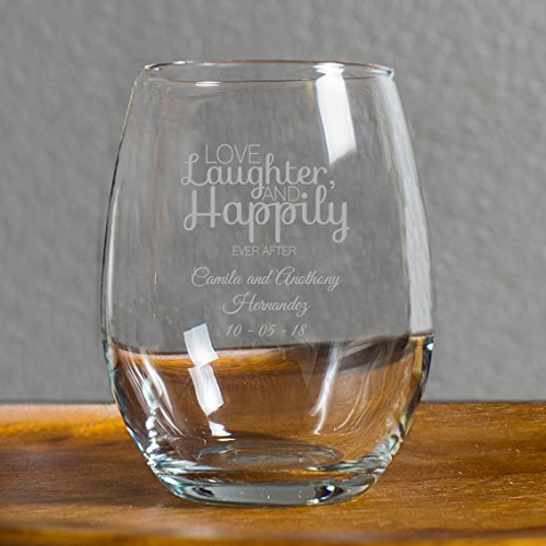 24 Pack Personalized Engraved Love Laughter and Happily Ever After 9 oz stemless Wine Glass, Wedding Favor,Party Favor, Anniversary Favor, Personalized Wine Glass, Bridal Shower Favors