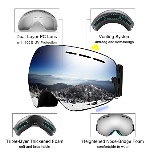 Zerhunt Ski Goggles, Snowboard Goggles Over Glasses, Anti Fog UV Protection Snow Goggles OTG Interchangeable Lens for Men Women Snowmobile, Skiing, Skating, Silver - Thumbnail 2