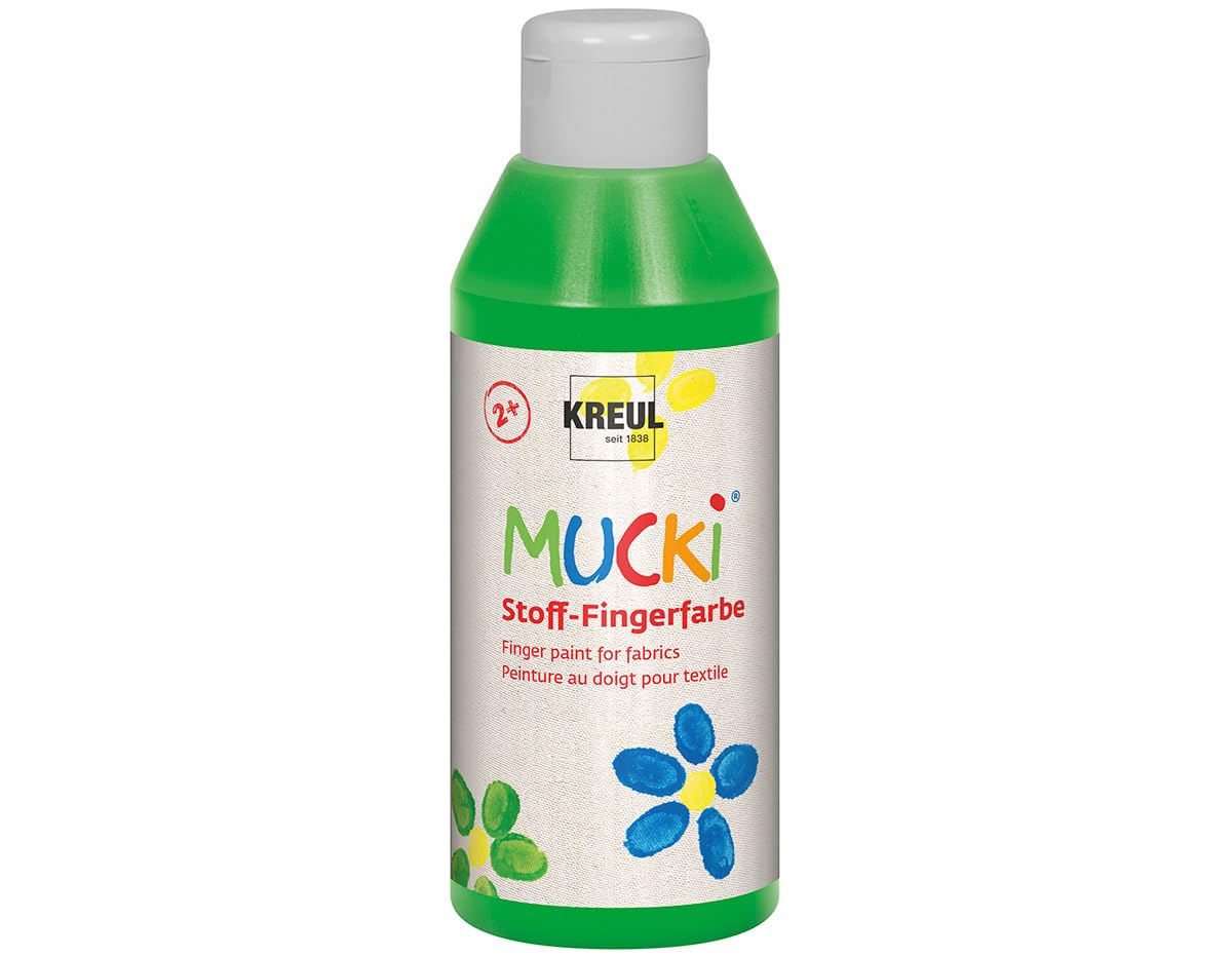 Kreul 28405 - Mucki Bright Fabric - Finger Paint, 250 ml in Green, Water-Based, Paraben-Free, Gluten-Free, Lactose-Free and Vegan, Ideal for Use with Fingers and Hands