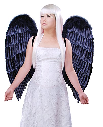 FashionWings (TM) XL Wingspan Black Costume Feather Angel Wings & Halo