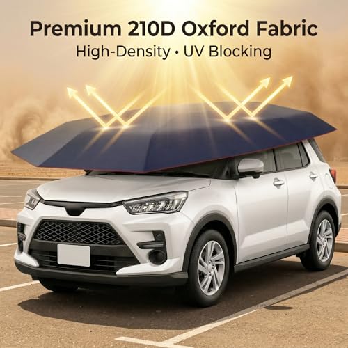 SELFIE CAT Car Awning Tent 4.2x2.2m, Navy Blue, Cover Outdoor Premium Anti-UV Sunshade & Portable Carport with Anti-Theft Rope, 210D Oxford Foldable Exterior Sun Shades For for Sedans & Compact SUVs