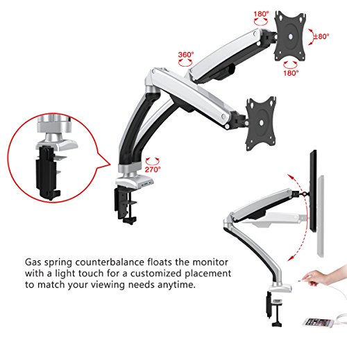 H&A Elegant Aluminum Monitor Stand Gas Spring Desk Monitor Mount for 13"-32" Computer Monitor TV Screens Full Motion Swivel LED LCD Arm (Dual Monitor)