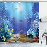 Ocean Animal Decor Shower Curtain by Ambesonne, Underwater Coral Reef Polyps Algae Dolphins and Goldfishes Bubbles Deep Print, Fabric Bathroom Decor Set with Hooks, 70 Inches, Blue
