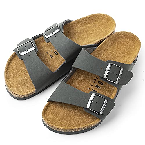 FITORY Mens Sandals, Arch Support Slides with Adjustable Buckle Straps and Cork Footbed Dark