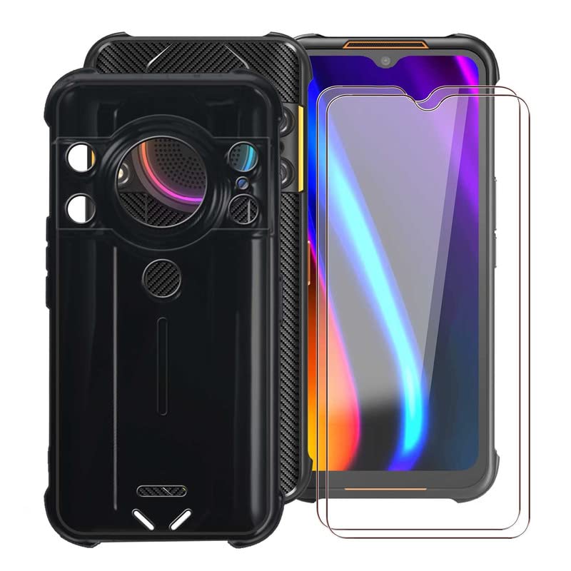 HGJTF Case for AGM H5 (6.52 Inches) + Pack of 2 Screen Protectors, Tempered Glass Film + Black Soft Silicone Mobile Phone Case TPU Bumper Scratch-Resistant Cover Protective Case for AGM H5 - Black