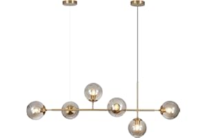 KCO Lighting 6-Light Modern Globe Pendant Light Mid Century Vintage Rectangle Sputnik Chandelier Gold Farmhouse Linear Chandelier Kitchen Island Lighting (Gold+Smoke Gray)