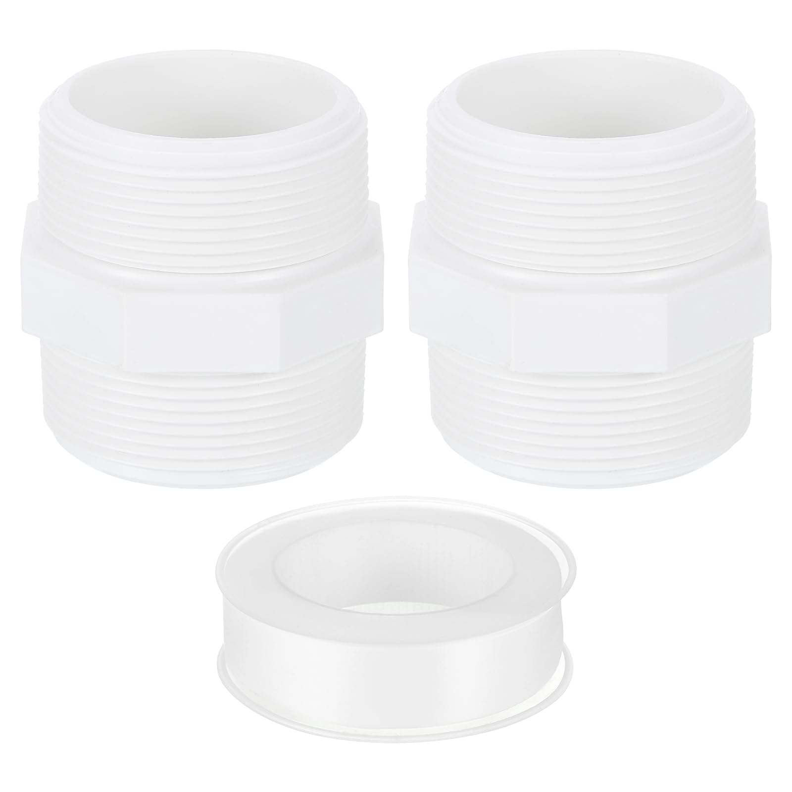 Photo 1 of uxcell PVC Nipple Thread Coupling Adapter Connector, 2Pcs 2-1/2" PT PVC Pipe Fitting with Sealant Tape (Male to Male), Hose Adapter Coupling for Thread Plumbing Pipe (White)