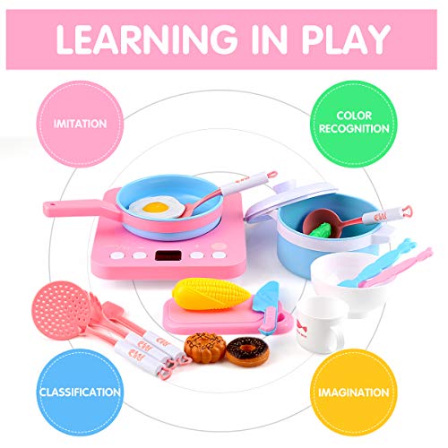 Kids Kitchen Pretend Play Accessories Toys,MOICO 38pcs Pretend Toy Kitchen Cookware Playset Pots and Pans Cooker with Light Sound,Cooking Utensils, Food Play Set for Toddlers Girls Boy Birthday Gifts