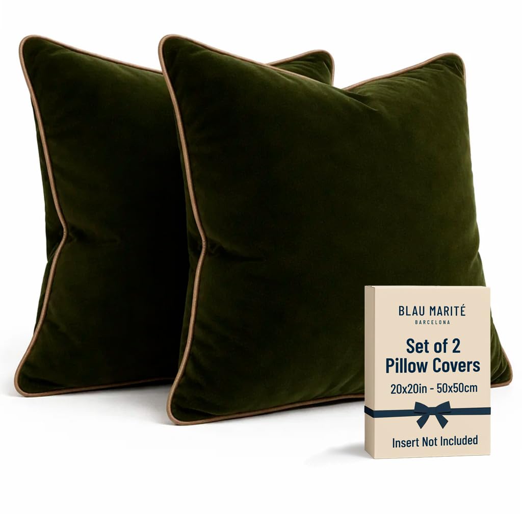 Blau Marité Set of 2 Velvet Throw Pillow Covers with Contrast Piping, Soft Decorative Cushion Covers, Green and Camel, 20"x20" (50x50 cm).