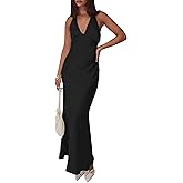 Women's Satin Dresses Summer Bodycon Sexy Halter V Neck Backless Elegant Formal Prom Cocktail Wedding Guest Maxi Dress