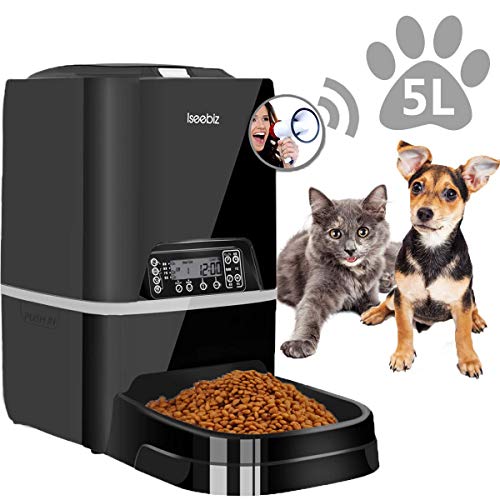 Iseebiz Automatic Pet Feeder 5L Smart Feeder Dog Cat Food Dispenser Voice Recording,Distribution Alarms,Timer Programmable, Portion Control, IR Detect, 4 Meals Per Day for Small and Medium Cats Dogs