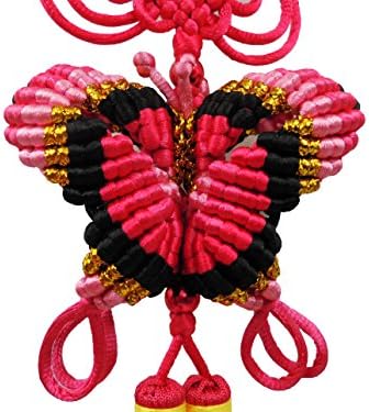 Feng Shui Decor KNOT LOVE Chinese Knot Tassels with Butterfly Good Luck Charm Home Hanging Ornament (Pink with Black)