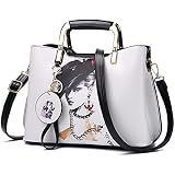 IHAYNER Women's Leather Tote Bag With Pompon - Top Handle Shoulder Purse, Large Capacity, White