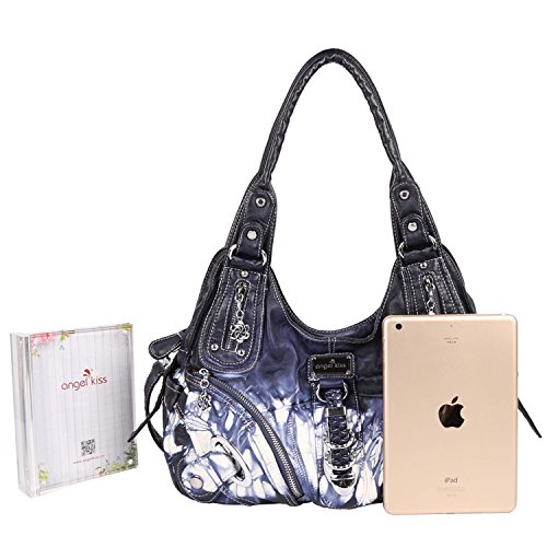 Angelkiss Women Multiple Pockets Purses and Handbags Washed Leather, Two Top Zippers Closure, Deep Blue