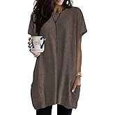 Poetsky Summer Womens Tunic Tops for Leggings with Pockets Short Sleeve Casual Long T Shirts S-3XL