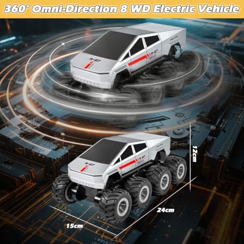 Amphibious Remote Control Car, 8WD 2.4GHz 1:18 Electric Vehicle Toy Off-Road Monster Truck with 2 Batteries, Waterproof Omni-Direction High-Speed Pickup All Terrain RC Jeep Gift for Boy Girl Age 8+