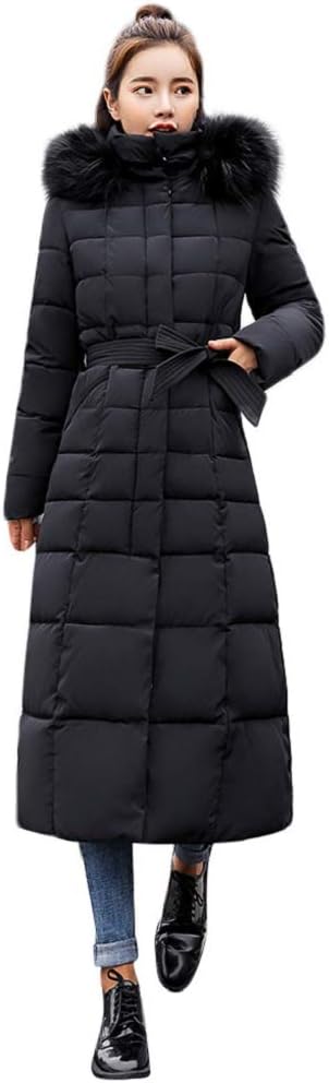 Women Quilted Winter Long Down Coat TUDUZ Puffer Fur Collar Hooded Parka Overcoat Slim Thick Cotton-Padded Outerwear Jackets