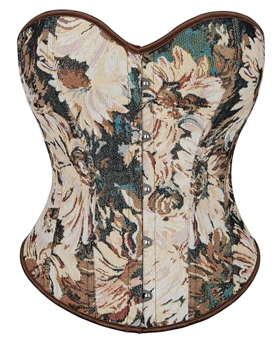 Eohak Women's Sexy Satin Corset-Bustier Floral Print Boned Overbust Corset Top Black Satin Waist Cincher