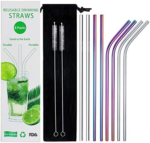 Reusable Stainless Steel Straws 8 Pieces Set with 2 Cleaning Brushes Metal Eco-Friendly Drinking Straws Silver and Rainbow Color (10.5 inch)