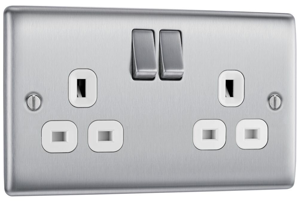 BG Electrical Double Switched Power Plug Wall Socket, Nexus Metal, Brushed Steel, White Inserts, 13A, NBS22W