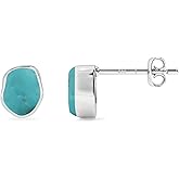 LUSTRE AND LIGHT Natural Raw Gemstones Stud Earrings for Women in Sterling Silver, Birthstone Jewelry Gifts for Her Birthday, Anniversary, Graduation (Bezel-Set, 6x4mm)