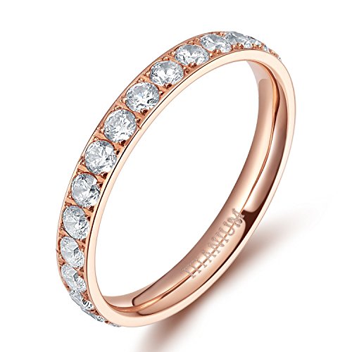 Tigrade 3mm Womens Titanium Eternity Rings Cubic Zirconia Wedding Engagement Band (Rose Gold,8)