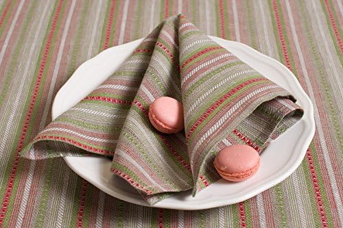 Linen Fashion: LINEN NAPKIN IN GREY, GREEN AND RED STRIPES (20cm x 20cm (8" x 8"))